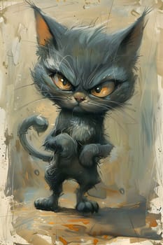 A painting of a fictional character, a small to mediumsized Carnivore Felidae standing on its hind legs, with Whiskers and a tail, showcasing its angry expression
