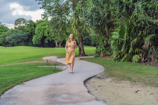 Tranquil scene as a pregnant woman enjoys peaceful moments in the park, embracing nature's serenity and finding comfort during her pregnancy.