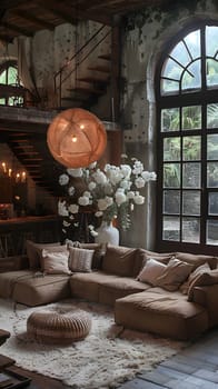 A cozy living room in a brick building with wooden flooring, filled with furniture and featuring a large window overlooking the outdoors