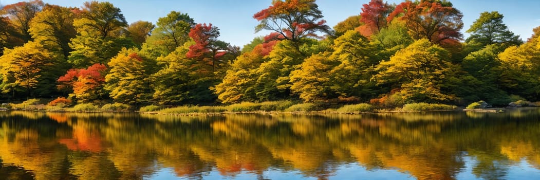 Colorful palette of autumn by focusing on a tranquil lake reflecting the vibrant foliage of surrounding trees on a sunny day