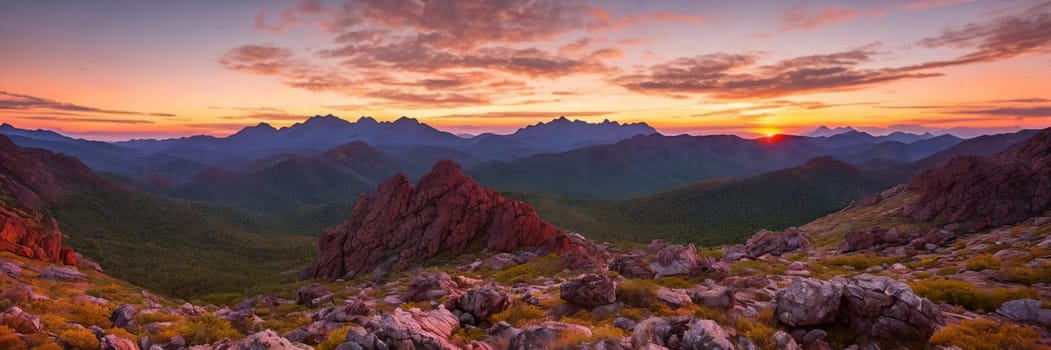 Rugged beauty of a mountain range at golden hour, with the sun setting in the background painting the sky in hues of orange and pink