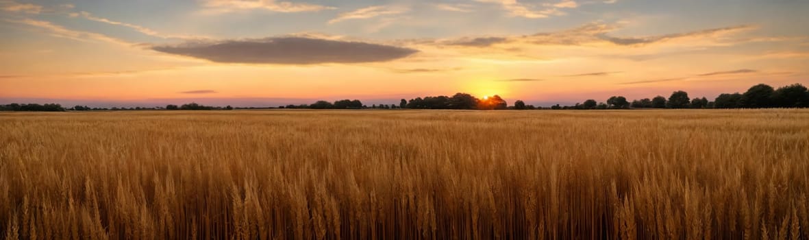 Tranquility of a vast wheat field at sunset, with the warm tones of the sky mirroring the golden hues of the ripe crops