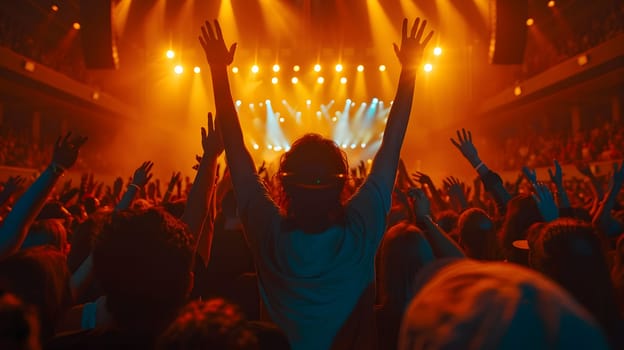 A social group is having fun at an entertainment event under the orange sky, with hands in the air, enjoying a concert at a music venue