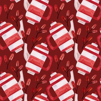 Watercolor seamless pattern with old-fashioned teapots and cups in red and white stripes. Pattern for seasonal wrapping paper, fabric, textiles, tablecloths and curtains in a tea cafe or coffee shop