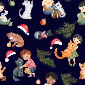 seamless pattern. Pine branch. boy is sitting with his pet. Asian Girl holds her red cat in arms. Friendship. funny kitties playing with Christmas balls.Cute characters New Year. for textile, wrapping