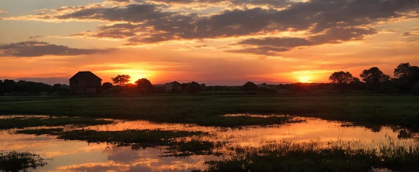 Wooden houses by a lowland river at sunset: Rustic charm tranquil waters reflect the golden sky. Nature's beauty at its finest. Generative AI.