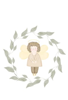 Angel framed by branches. Watercolor card template with cute boy with wings. Round wreath of green branches with leaves. Clip art on a white background for the design of cards for baby's baptism, Easter and birth. High quality illustration