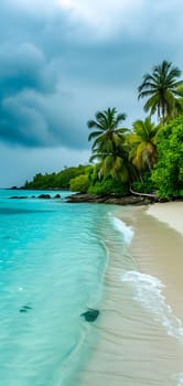 tropical beach view at cloudy stormy day with white sand, turquoise water and palm trees. Neural network generated image. Not based on any actual scene or pattern.