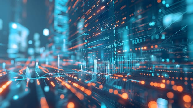 Dynamic Finance Flow, Double Exposure of Data and Technology background. Neural network generated image. Not based on any actual scene or pattern.