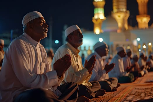 Muslim prayers in white clothes sitting in front of mosque at Ramadan night with selective focus. Neural network generated in January 2024. Not based on any actual scene or pattern.