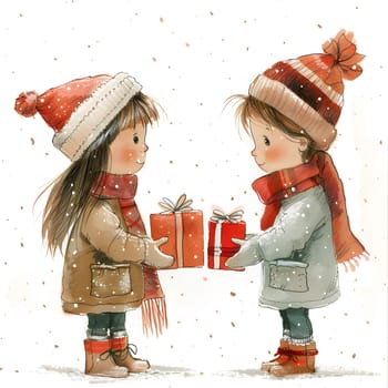 A girl is sharing a gesture of happiness by giving another girl a hat in the snowy winter. It is an artful event of kindness and warmth in the cold weather
