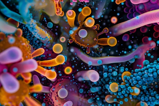 Diverse colorful abstract microbiome, containing many different types of microorganisms. Neural network generated in January 2024. Not based on any actual scene or pattern.