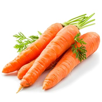 Three fresh carrots with green stems, a staple food and superfood, displayed on a white background. These root vegetables are natural, healthy ingredients for cooking