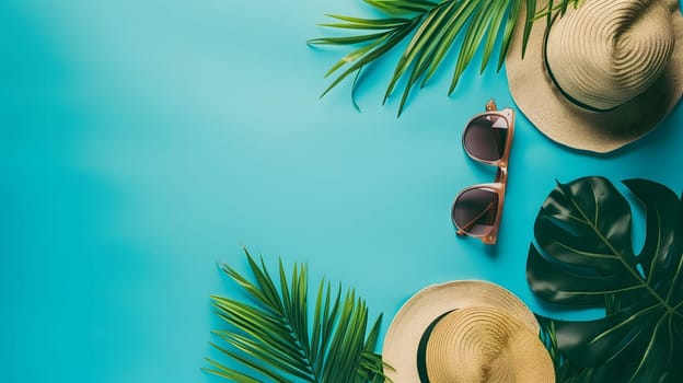 Hats, sunglasses, palm tree leaves on blue background. Blank, top view, still life, flat lay. Sea vacation travel concept tourism and resorts. Summer holidays. Neural network generated image. Not based on any actual scene or pattern.