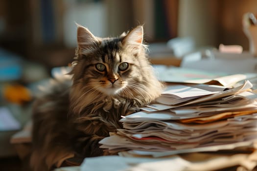 kitten in an office, overwhelmed by a mountains of paperwork. Neural network generated in January 2024. Not based on any actual scene or pattern.