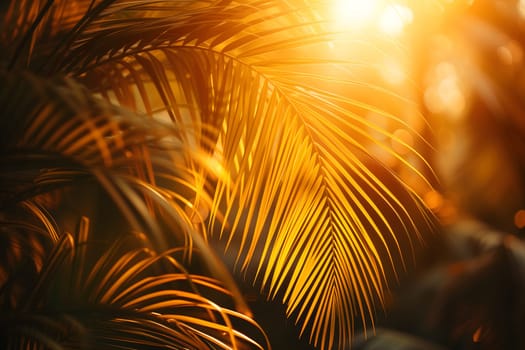 Vibrant sunny backdrop palm leaves with golden sun light. Neural network generated in January 2024. Not based on any actual scene or pattern.