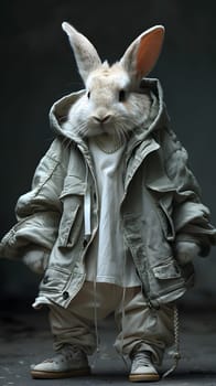 A rabbit is adorned in a jacket and pants, showcasing a unique artistic gesture. This mythical creature, resembling a fictional character, stands out among terrestrial animals