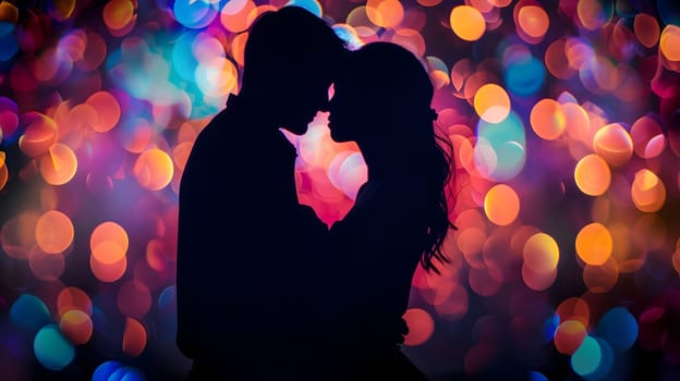 Silhouette of a couple with a colorful bokeh background. Neural network generated image. Not based on any actual person or scene.