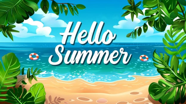 Hello summer banner with leaves and water with top view, Generative AI..