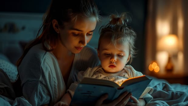 Cute children baby and mother reading book . Education learning concept. AI generative.