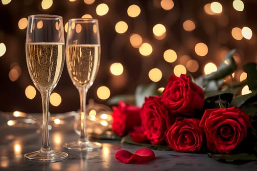 two glasses with sparkling wine or champagne and red roses on table with bokeh lights in the background for generic celebration concept. Neural network generated image. Not based on any actual or scene.