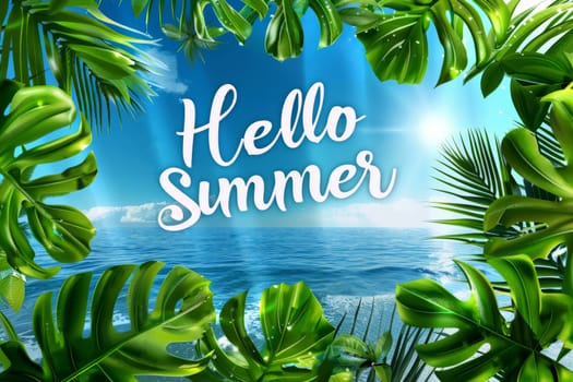 Hello summer banner with leaves and water with top view, Generative AI..