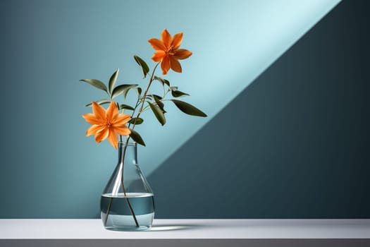 Orange lilies in a glass vase against a blue wall.