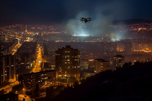 Copter drone over burning city at night. Neural network generated image. Not based on any actual scene or pattern.