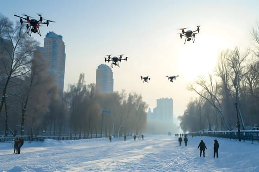 Group of drones over frozen river canal in city at winter day or morning. Neural network generated image. Not based on any actual scene or pattern.