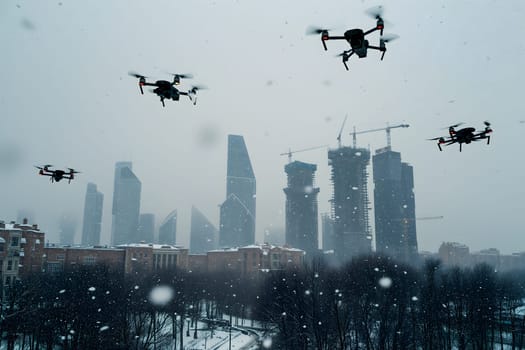 Group of drones over city at winter day or morning. Neural network generated image. Not based on any actual scene or pattern.