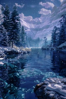 A freezing river flows through a snowy forest with mountains in the background, creating a natural landscape under a cloudy sky. The trees are covered in ice, adding to the picturesque winter scene