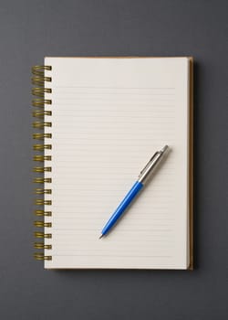 Ballpoint pen made of blue plastic and metal standing on lined notebook