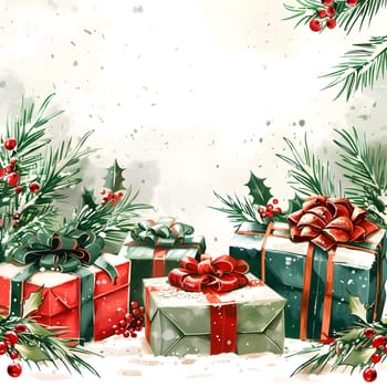 A watercolor painting of Christmas presents in the snow featuring holiday ornaments, evergreen branches, and twinkling Christmas decorations