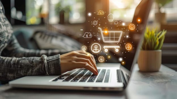 Shopping Online. woman hand on laptop computer with virtual graphic icon diagram on desk.