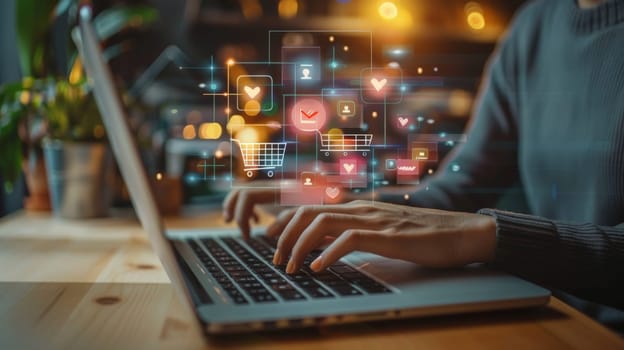 Shopping Online. woman hand on laptop computer with virtual graphic icon diagram on desk.