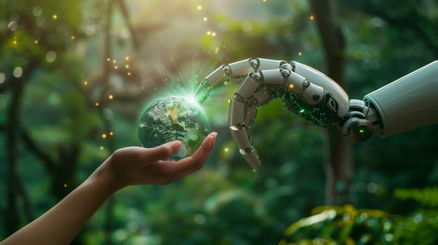 Human hand and robot hand touching a Globe environmentally sustainable.