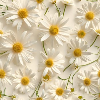 A Lot Of White Yellow Daisies or chamomile flowers - for full-frame background and seamless texture. Neural network generated image. Not based on any actual scene or pattern.