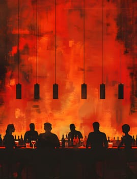 As the sunset casts a warm orange hue, a group of people gather at the bar for entertainment. Dusk brings a heat of excitement in the air, surrounded by art and performing arts