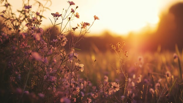 wildflowers basking in the warm, golden light of a setting sun, highlighting a serene dusk landscape - Nature background - Generative AI