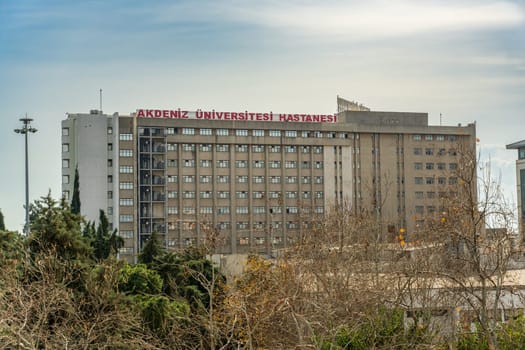 Antalya, Türkiye - February 28, 2024: Akdeniz University Hospital building located in Antalya Turkey