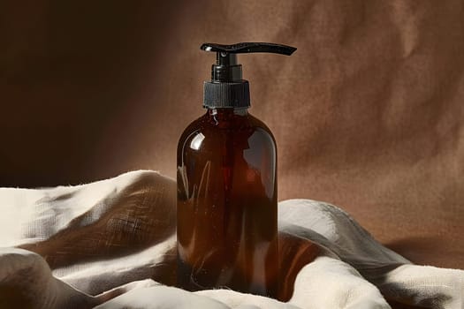 A black pump is attached to a brown glass bottle filled with water, sitting on a piece of cloth. The bottle stopper serves both as an art piece and a saver of the liquid landscape