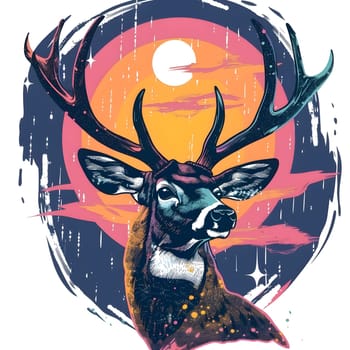 An artistic illustration of a majestic deer with antlers against a moonlit sky background, perfect for a poster or sleeve design