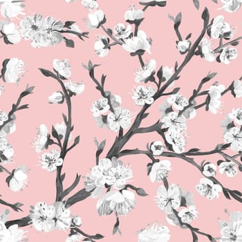 Botanical black and white seamless pattern with sakura cherry branch drawn for textile
