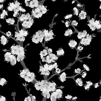 Botanical black and white seamless pattern with sakura cherry branch drawn