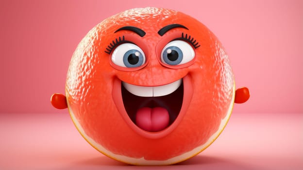 Pink Grapefruit with a cheerful face 3D on an orange background. Cartoon characters, three-dimensional character, healthy lifestyle, proper nutrition, diet, fresh vegetables and fruits, vegetarianism, veganism, food, breakfast, fun, laughter, banner