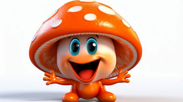 Mushroom with a cheerful face 3D on a white background. Cartoon characters, three-dimensional character, healthy lifestyle, proper nutrition, diet, fresh vegetables and fruits, vegetarianism, veganism, food, breakfast, fun, laughter, banner