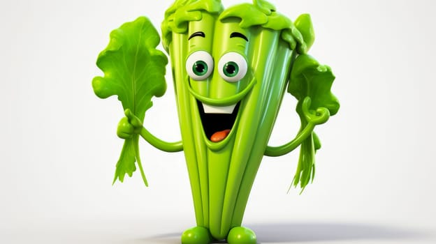 Celery with a cheerful face 3D on a white background. Cartoon characters, three-dimensional character, healthy lifestyle, proper nutrition, diet, fresh vegetables and fruits, vegetarianism, veganism, food, breakfast, fun, laughter, banner