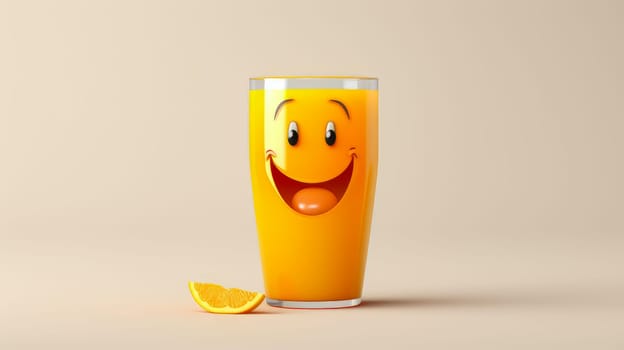 Glass of orange juice with a cheerful face 3D on background. Cartoon characters, three-dimensional character, healthy lifestyle, proper nutrition, diet, fresh vegetables and fruits, vegetarianism, veganism, food, breakfast, fun, laughter, banner