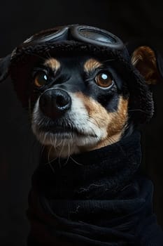A closeup of a carnivorous terrestrial animal, the dog, wearing a hat and goggles. This working companion dog of a specific breed has whiskers and a snout, standing out against the darkness