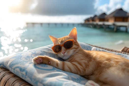 tabby cat with sunglasses laid on tropical beach, vacation theme. Neural network generated image. Not based on any actual person or scene.